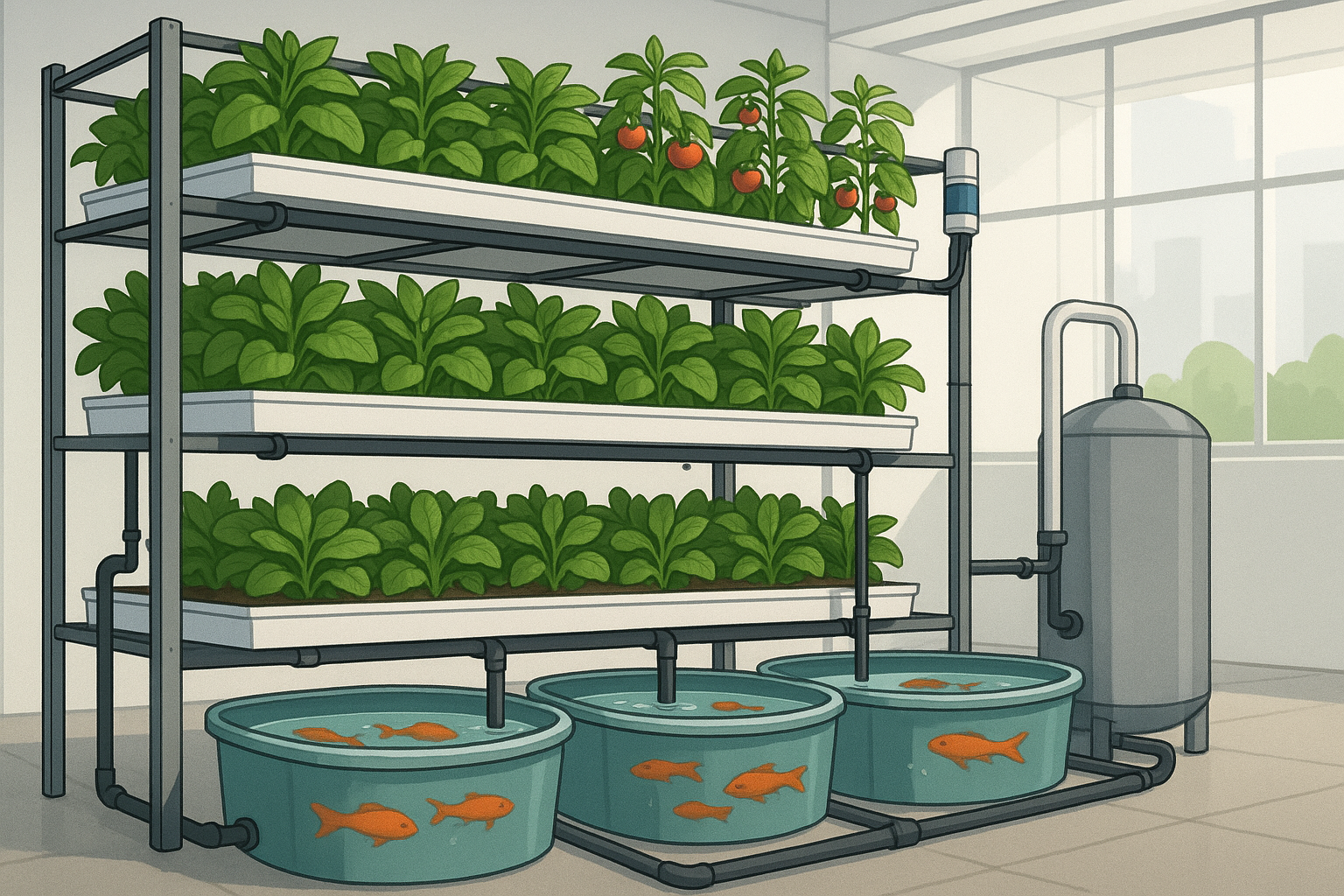 This image depicts an innovative urban aquaculture and vertical farming system designed for sustainability, illustrating the integration of plants and fish in a controlled environment.