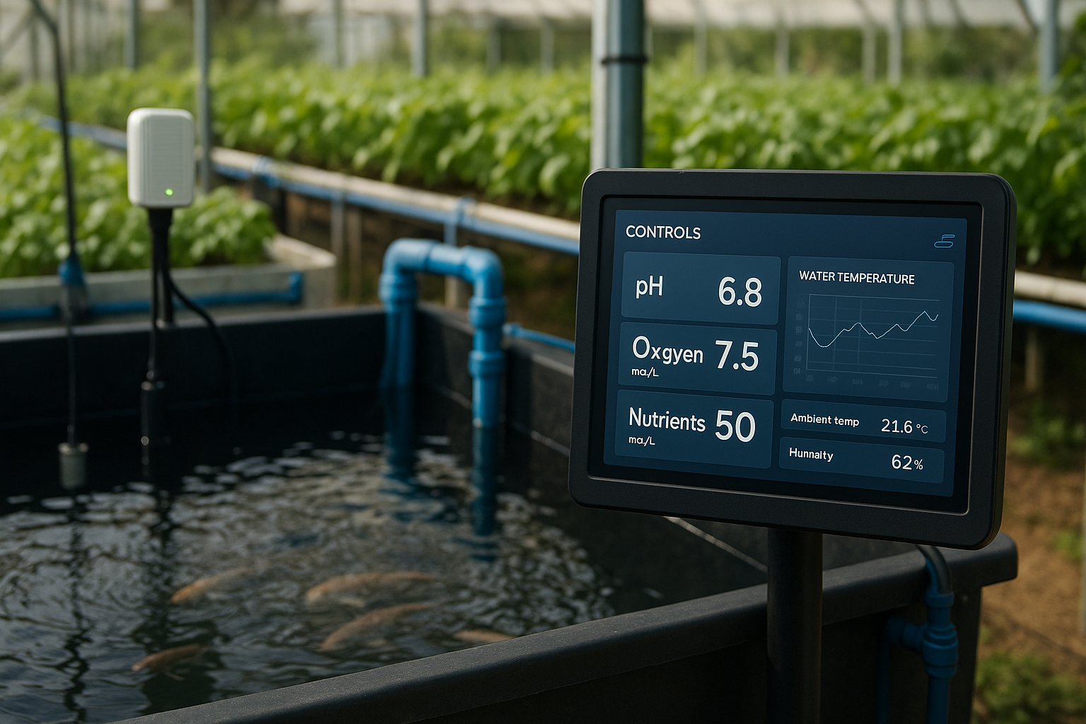 This image illustrates the sophisticated technology that supports aquaponics operations, emphasizing the importance of precise monitoring for successful system management.