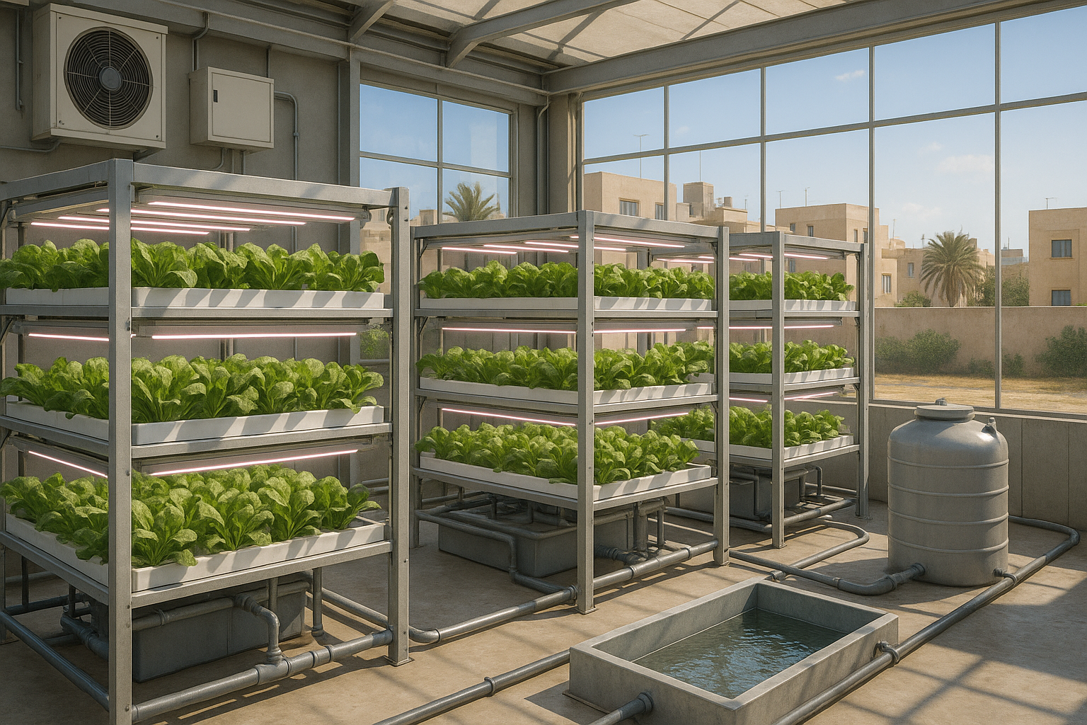 This image showcases a vertical farming facility that utilizes controlled environment agriculture techniques, demonstrating how modern technologies can be applied in urban areas with limited land, relevant to the Middle Eastern agricultural context.
