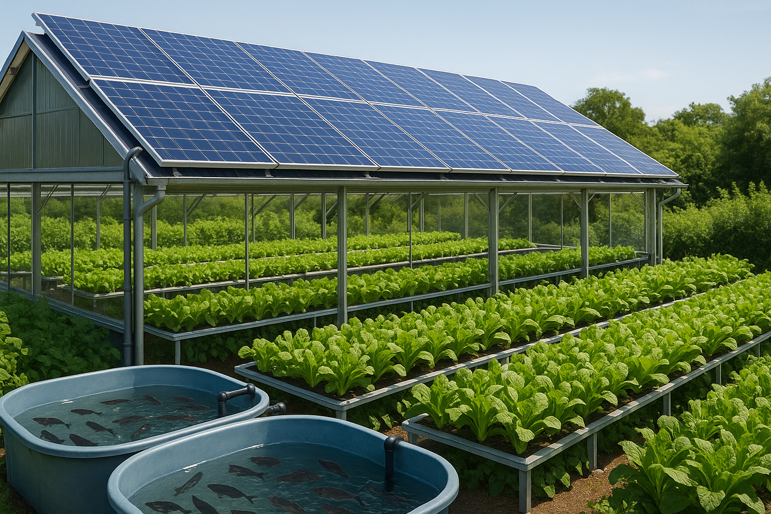An image showcasing an aquaponics facility that utilizes solar panels for sustainable energy, emphasizing the integration of renewable resources in modern agriculture.
