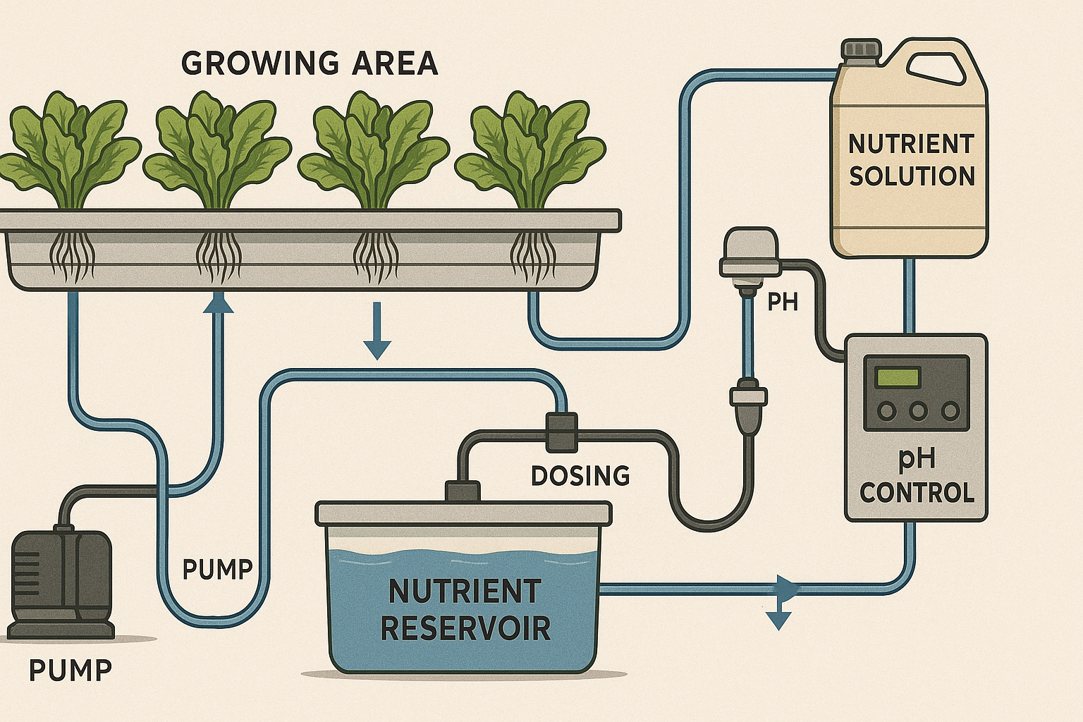 A comprehensive diagram illustrating the components of a hydroponic system, demonstrating the interconnectedness of the equipment like pumps, reservoirs, and sensors to help farmers visualize system design and function.