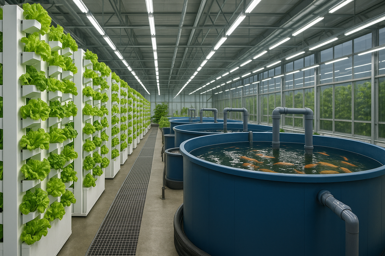 A photograph depicting the interior of a controlled environment aquaponics facility, showcasing the technology and crops being produced year-round in a sustainable manner.