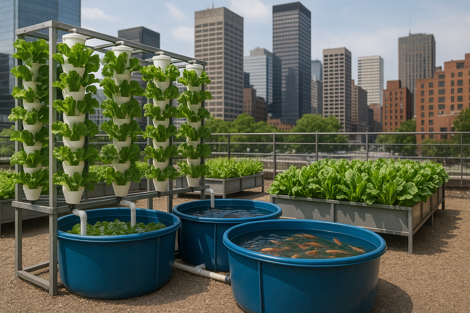 An image showing an urban aquaponics farm designed to maximize food production in limited space, illustrating how aquaponics can thrive in urban food deserts and contribute to local food security