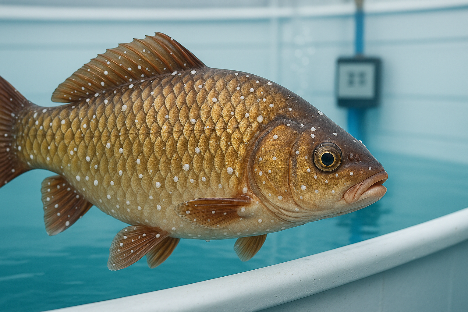 This image shows a fish infected with Ich, highlighting the symptoms such as white cysts on its body. It emphasizes the importance of monitoring fish health and recognizing early signs of disease in aquaculture operations.