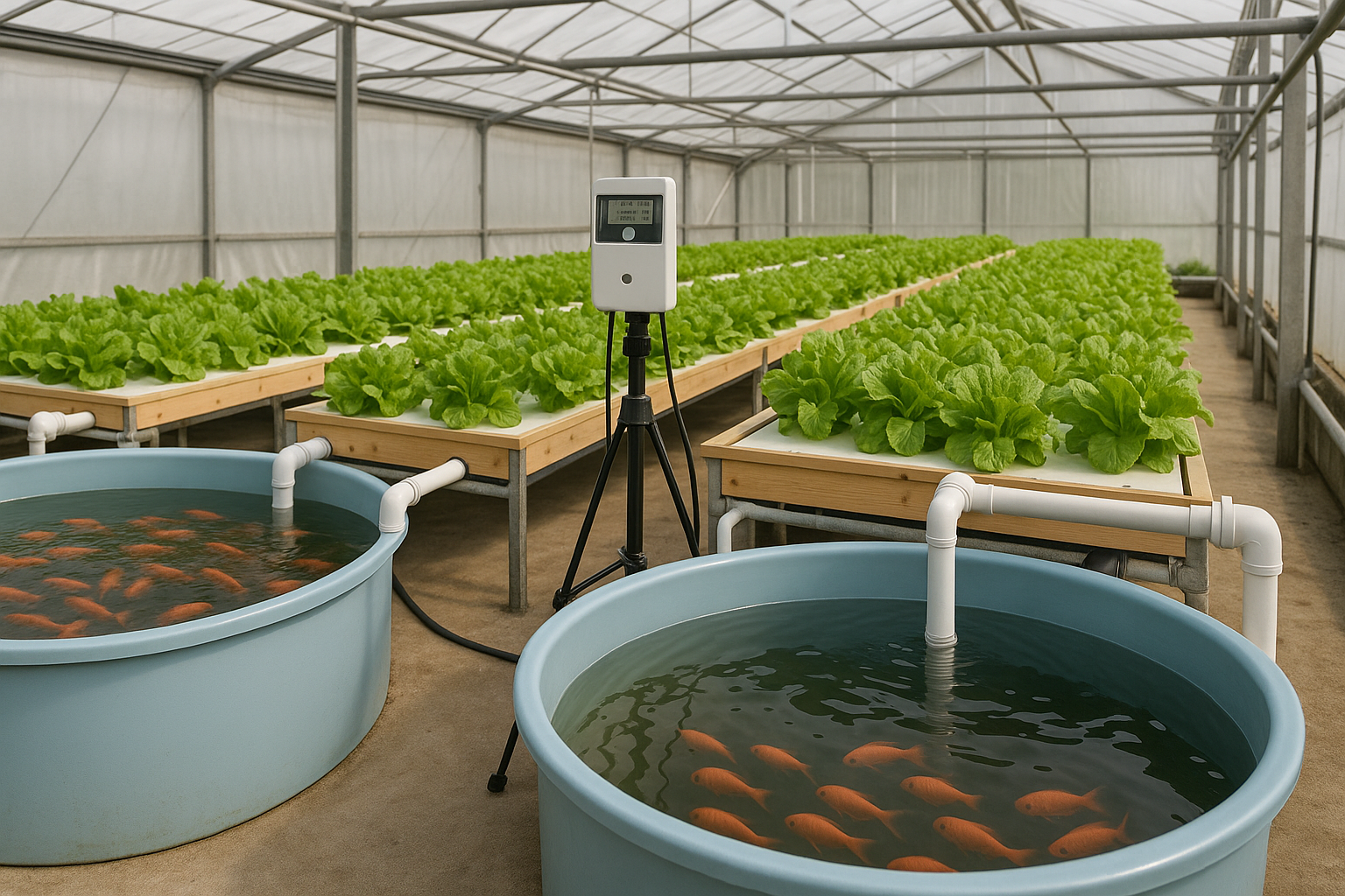 A visual representation of an aquaponics farm, highlighting the integration of fish and plant cultivation in a clean, organized environment that emphasizes food safety practices and efficient system management.