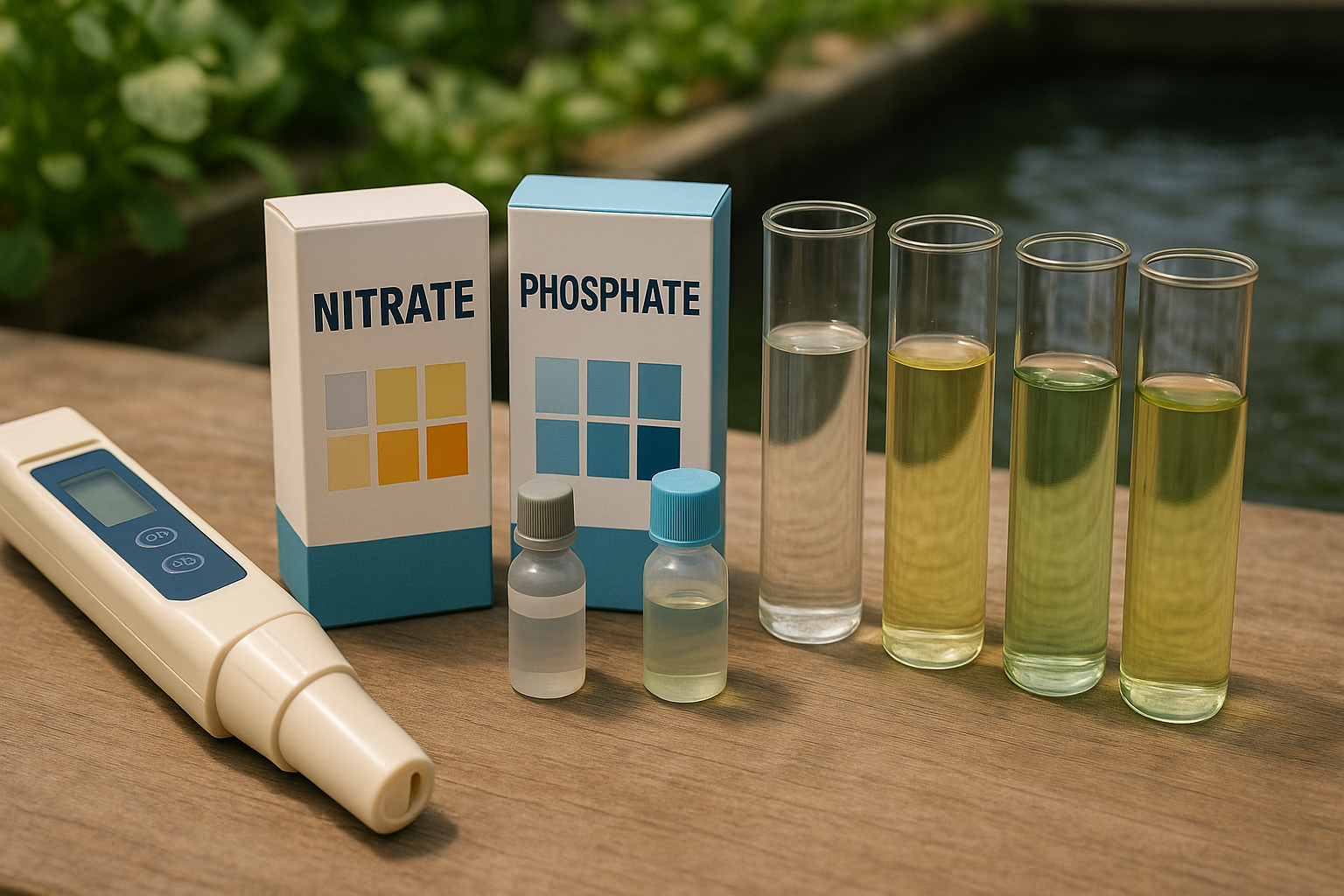 An image showcasing the necessary water testing equipment used in aquaponics systems, emphasizing the importance of monitoring water quality for nutrient management and prevention of deficiencies.