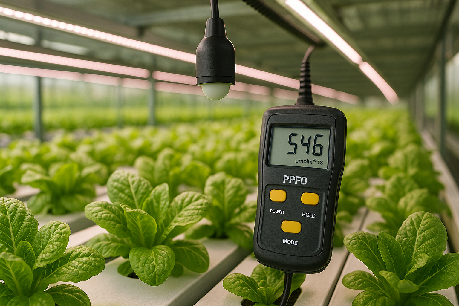 This image demonstrates the practical application of PPFD measurement in a hydroponic environment, highlighting the equipment used and providing a visual example for farmers on how to assess light intensity.