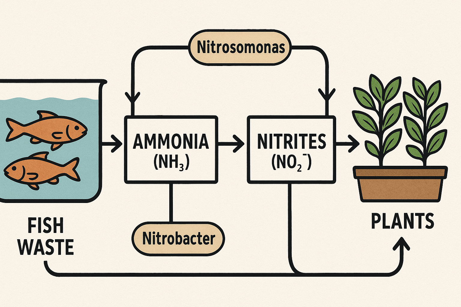 This flowchart clarifies the nitrogen conversion process in aquaponics, helping readers understand the critical transformations that take place and the significance of each bacterial role in this cycle.