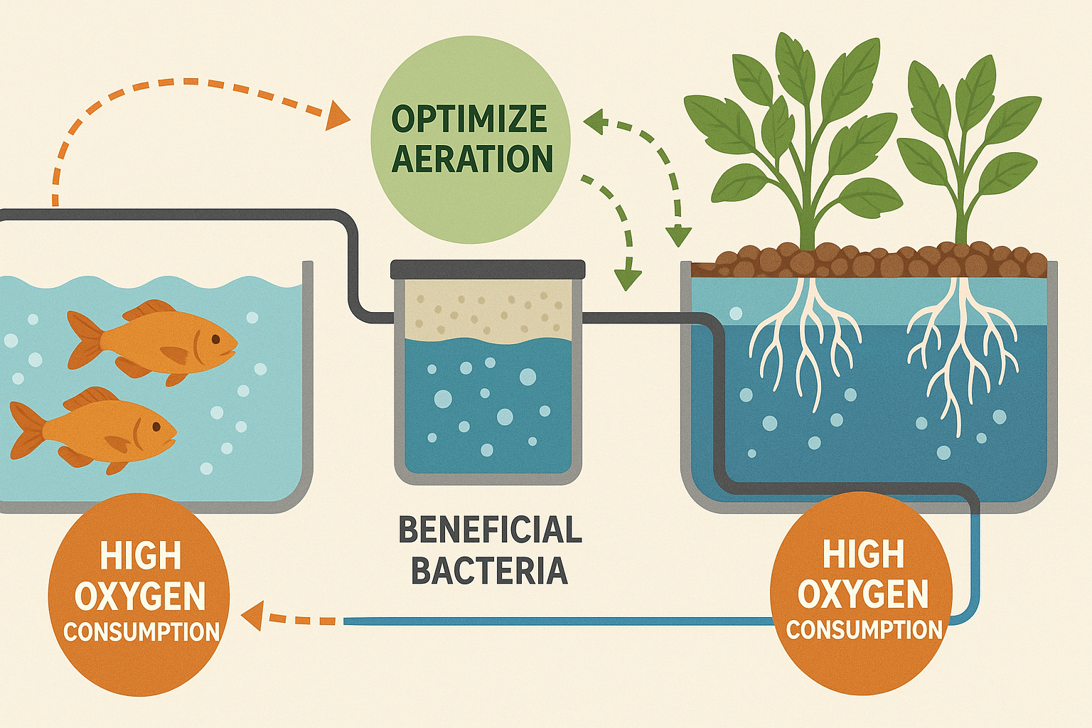This image represents the dissolved oxygen dynamics in an aquaponics system, highlighting the oxygen consumption patterns of fish, beneficial bacteria, and plant roots, as well as visual indicators of where oxygen management is critical.