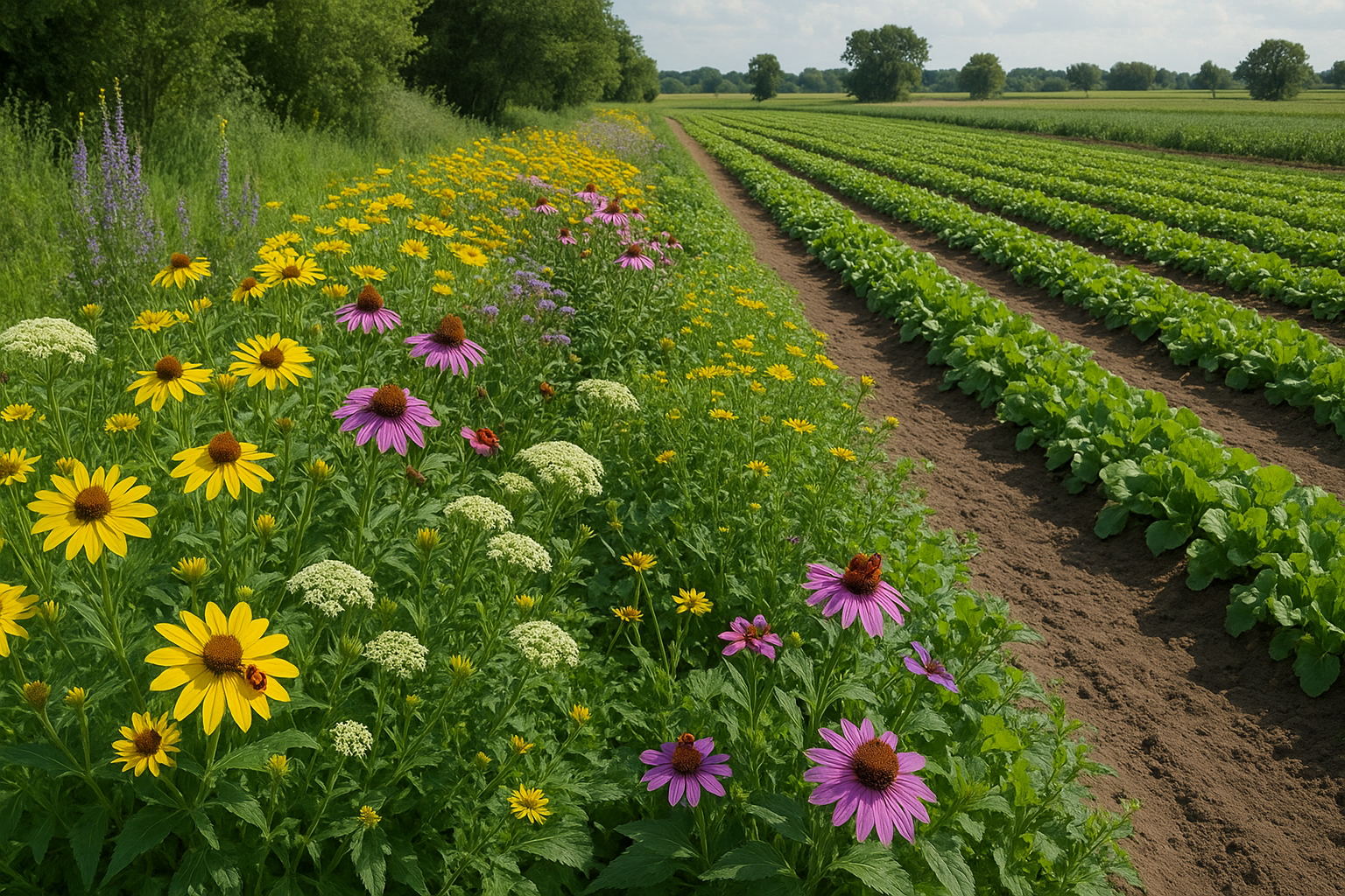 A practical visual representation of successful beneficial insect habitats in an agricultural setting, aimed at demonstrating effective management practices for small farmers.