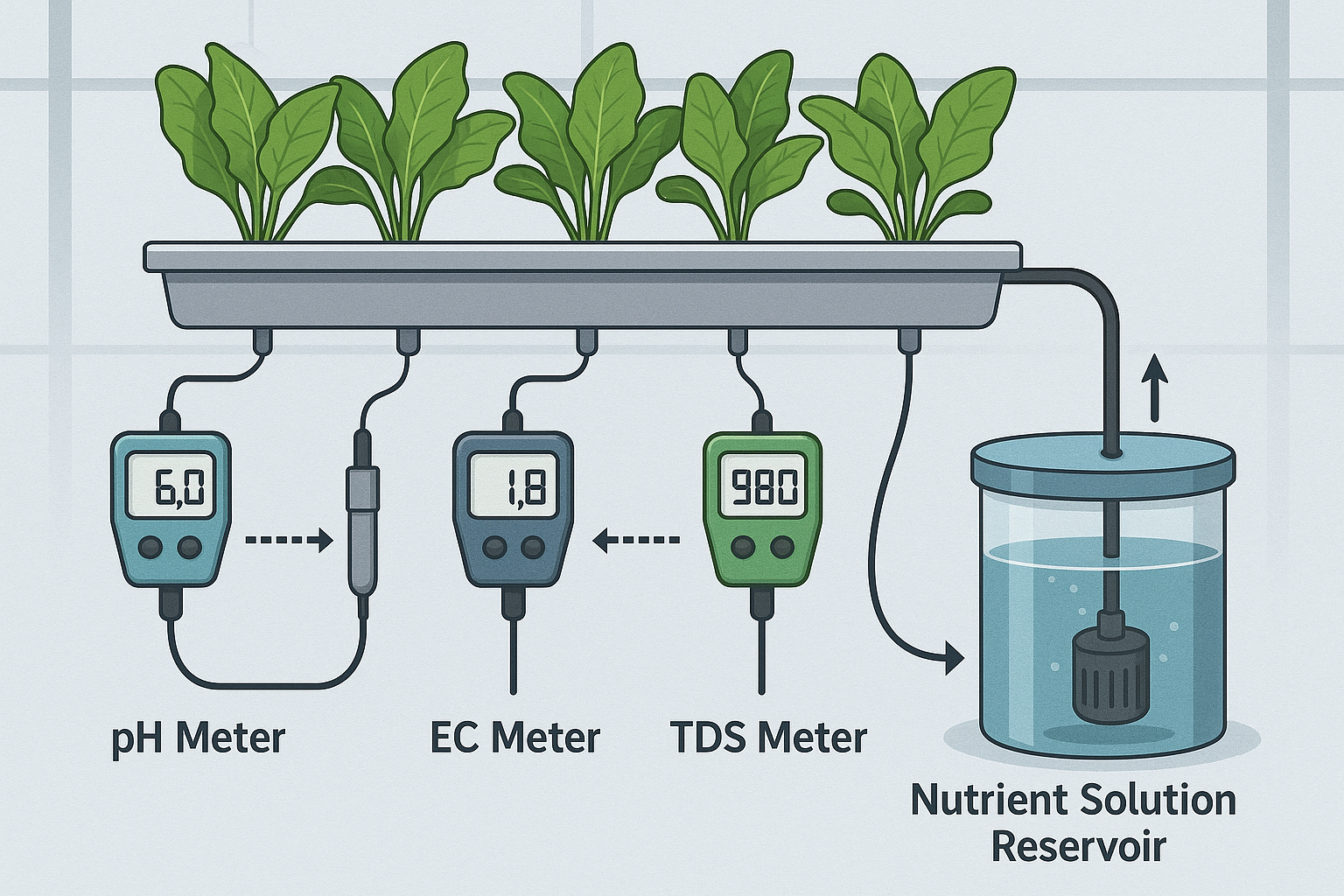 This diagram visually represents how different nutrients are monitored in a hydroponic setup, highlighting the importance of maintaining optimal levels of pH, EC, and TDS in the nutrient solution.