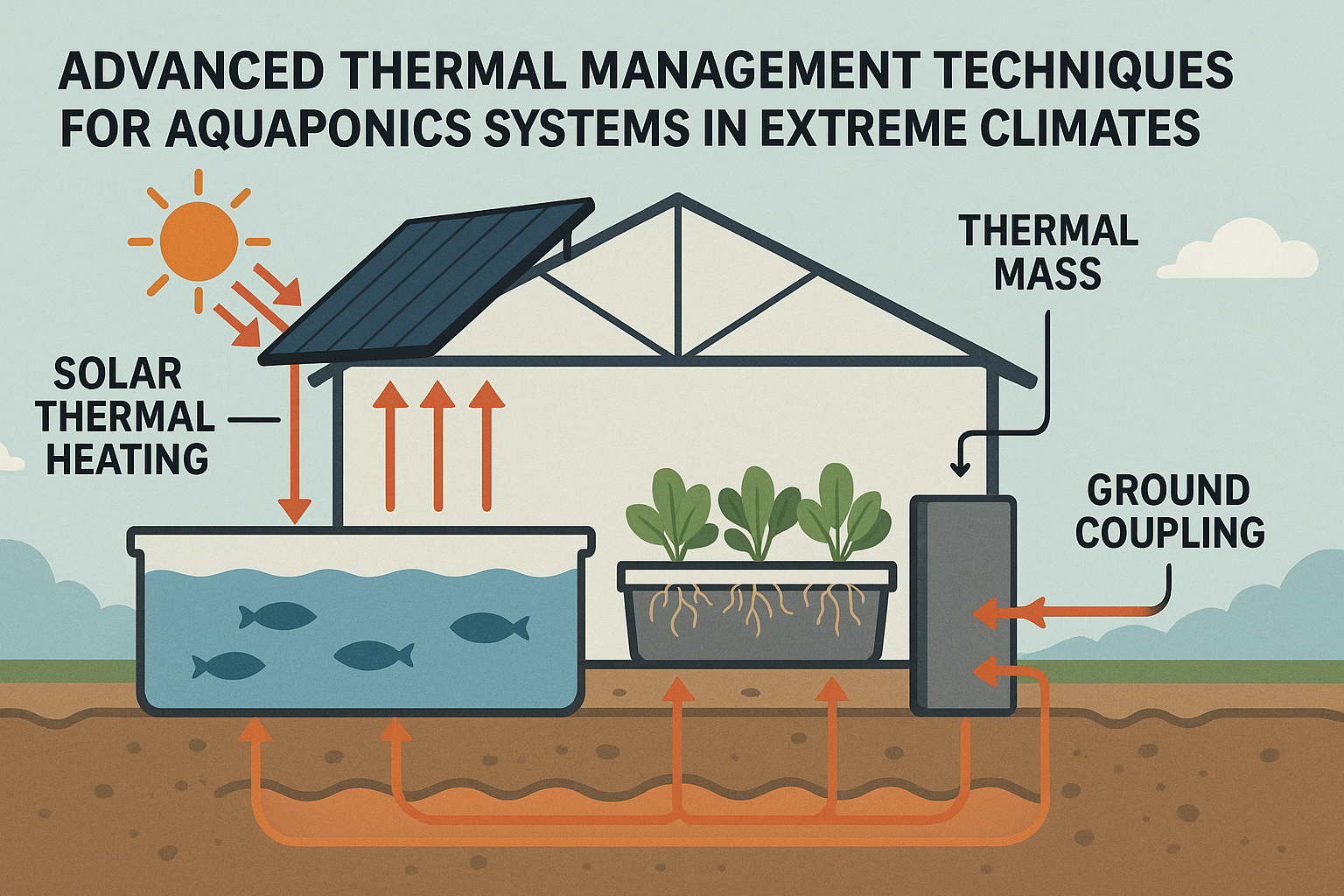 A diagram depicting various thermal management strategies that aquaponics farmers can use to regulate temperature effectively in extreme climates.