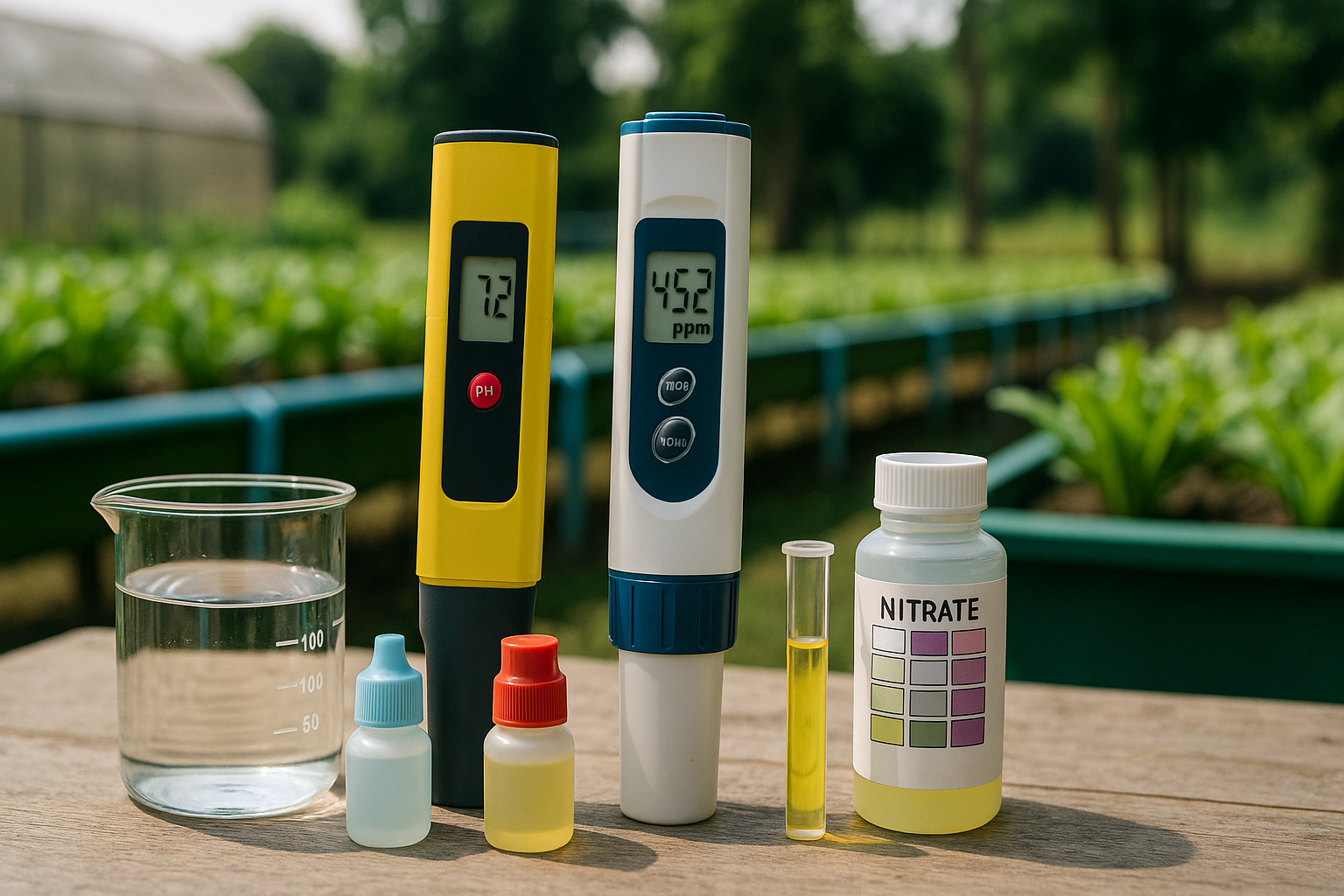 An image depicting essential water quality testing equipment for aquaponics systems, highlighting the tools necessary for monitoring nutrient levels and maintaining optimal growing conditions.